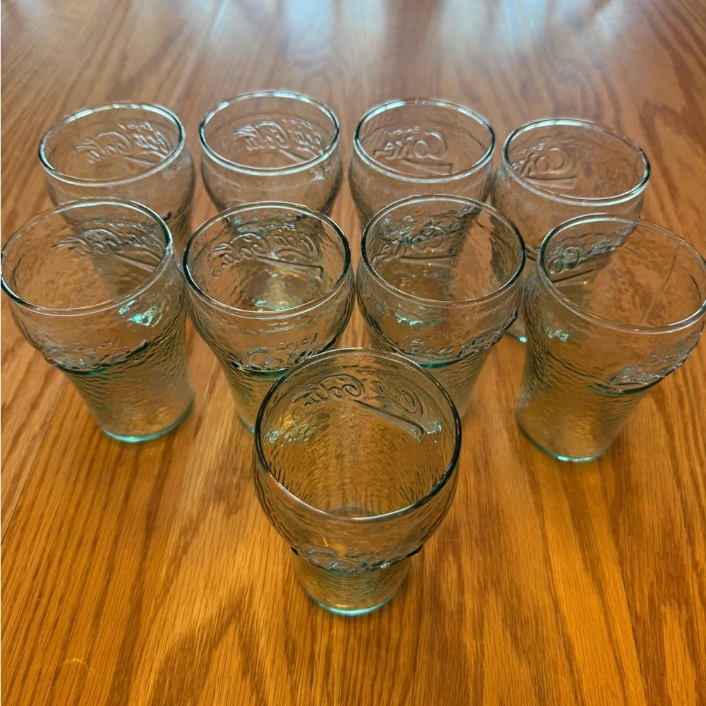 Set of 9 Vintage Mini Green Pebbled Coca-Cola Glasses